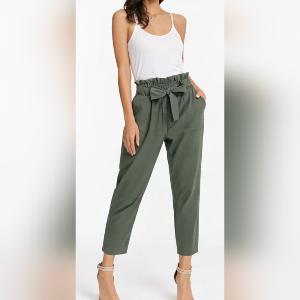 Grace Karin Olive Green Paperbag Waist Tie Pants | Work Casual XL
